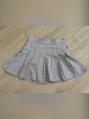 Elodie Pleated Plaid Skater Skirt in Light Blue and Yellow